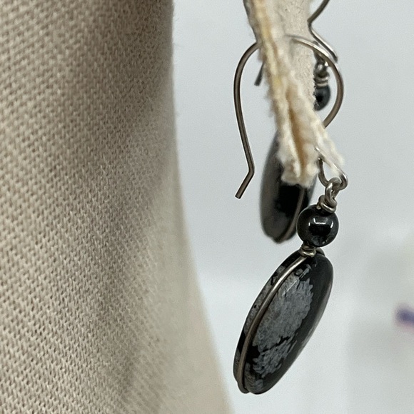 Handmade Vintage 1990's Snowflake Obsidian & Black Pearl Earrings - Picture 5 of 16